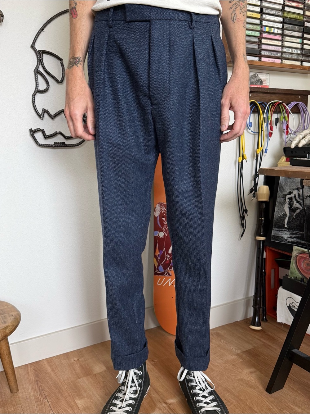 Octobre Wool Herringbone Twill High Waisted Pleated Trousers ~ 36 X 30